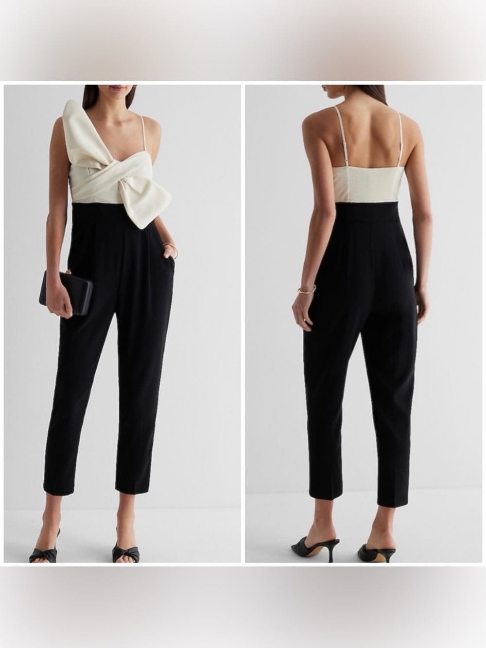EXPRESS BLACK IVORY STATEMENT BOW COLOR BLOCK JUMPSUIT Pockets SZ M NWT